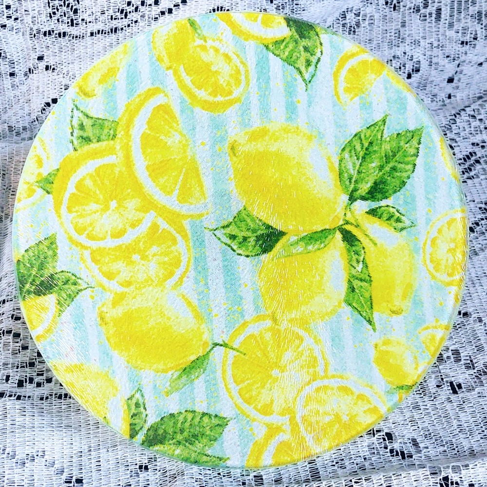Hand Crafted Fabric Decoupage Glass Trivet/Cutting Board 8" Round Lemon Decor